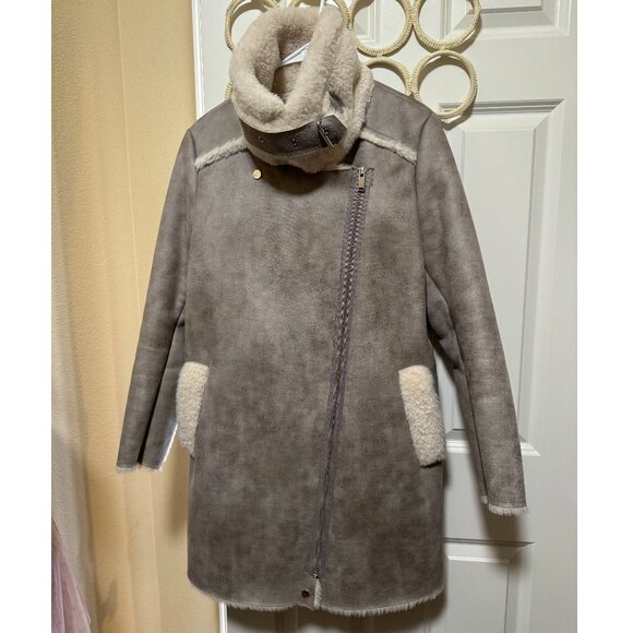 Faux Sherling Thick Winter Coat, Ash Grey with Beige Faux Fur, Zip up, New - Picture 2 of 6